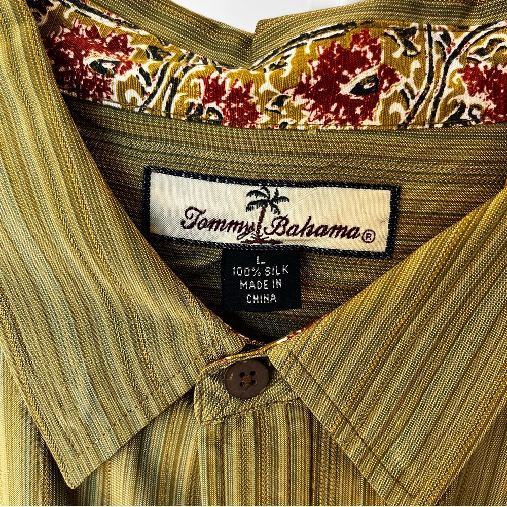 Tommy Bahama Men's Olive Green 100% Silk Striped Long Sleeve Button Down Shirt-L